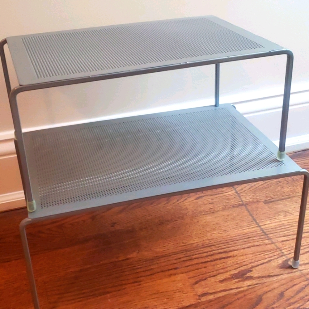 Set of two silver stackable shelf organizers